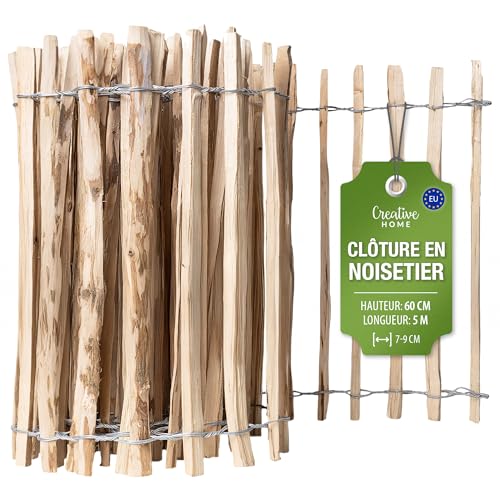 Creative Home Clôture en Bois de Noisetier de 60 cm de haut et 5 m de long | Cloture en Rouleau | Espacement des Lattes 7-9 cm | Clôture de Jardin | Bordure de Pelouse, Bordure de Parterre de Fleurs