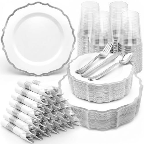 Glowserve 50 Guests 350 PCS Disposable Plastic Plates Gold Dinnerware Sets