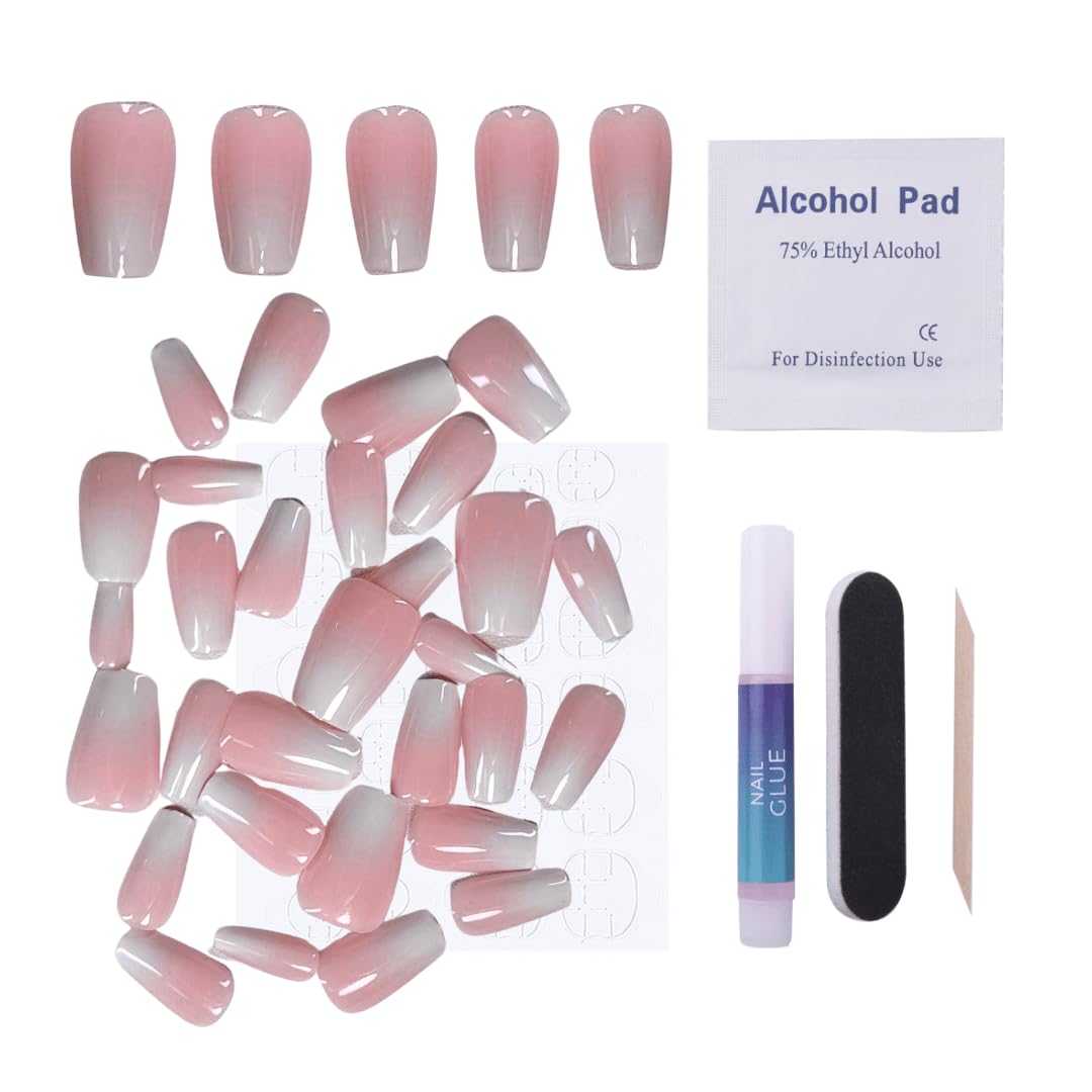 Maniology Blush Fade Press-On Nails | Short Coffin with Soft Pink-to-White Gradient for Effortlessly Elegant & Easy DIY Manicures – Reusable, 30-Piece 15 Sizes False Nails Kit