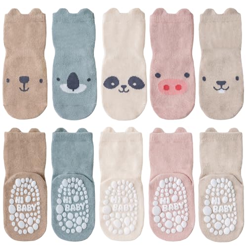 SockWaddles Chaussette Antiderapante Bébé Enfant – Lot de 5 Paires Chaussettes Bébé Coton Respirantes avec Semelle ABS, Motifs Animaux, pour Garçons et Filles, Cochon rose., 1-2 Jahre