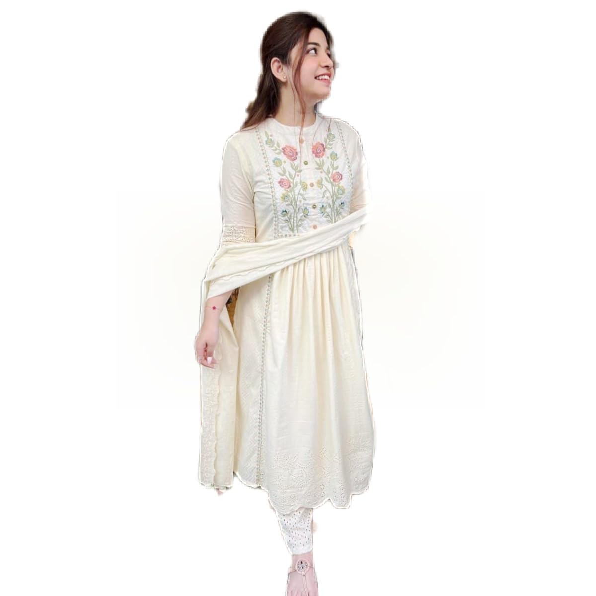 Cotton Chikankari Embroidered Kurta Set with Pants and Dupatta – Off-White, Elegant Pastel Embroidery, Perfect for Weddings, Festivals & Special Occasions-picture-33