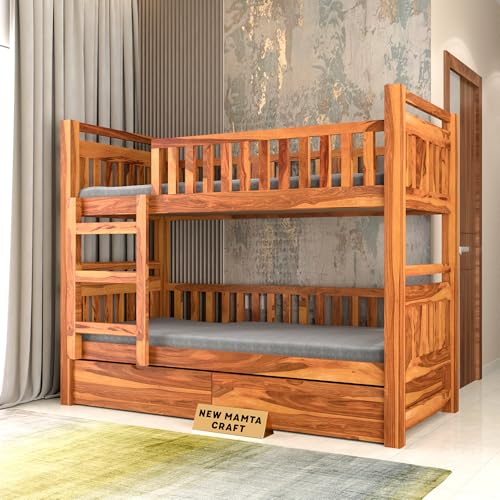 Image of Solid Sheesham Wood Bunk Bed Twin Over Bed with Ladder Wooden Bunk Bed with 2 Drawer Storage for Bedroom Living Room Home (Natural Finish)
