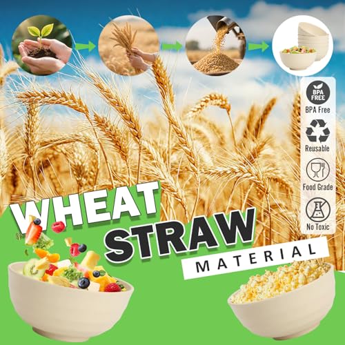 Image of Large Wheat Straw Bowls Set of 6, 60 OZ Unbreakable Serving Bowls, Microwave Safe & Dishwasher Safe, Perfect for Salad, Fruit, Cereal, Soup, Ramen, Family Meals, Beige