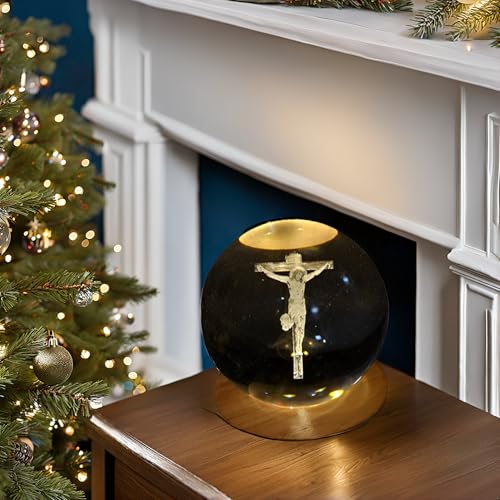 Image of 3D Crystal Ball Night Light with Wooden Base, Aesthetic Clear LED Lamp for Home and Bedroom Touch Switch, Warm Light for Kids and Teens Perfect Birthday & Anniversary (Crucifixion Jesus)