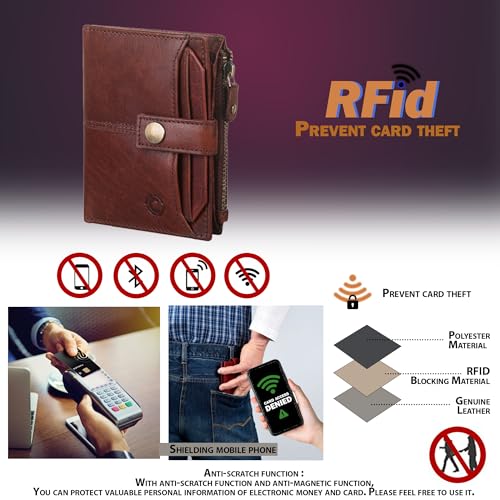 Image of Zipper Genuine Leather Wallet for Men, RFID Safe Full Grain Leather Handcrafted Front Pocket with Detachable Cardholder (Brown Oil Pull-UP)