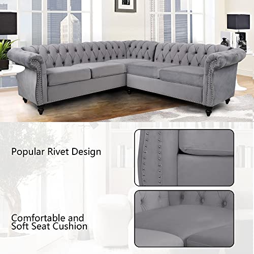 Image of QHITTY L-Shaped Sofa, Sectional Chesterfield Couch 5-Seater Velvet Upholstered Small Accent Tufted Sofa with Rolled Armrest and Nailhead Design for Living Room, Apartment, Office (Grey)