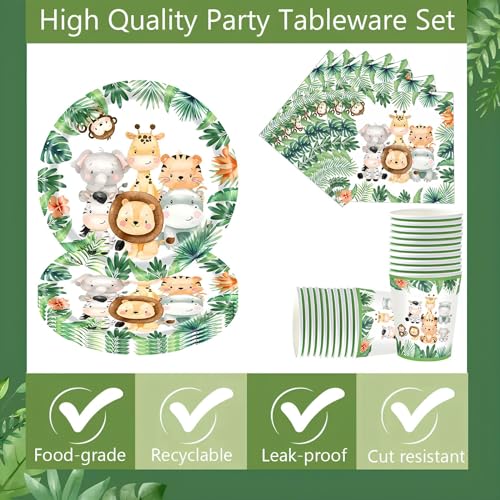 Dschungel Safari Partygeschirr Set,Tier-Geburtstagparty Geschirr für 20 Gäste,Dschungel Geburtstag Dekoration Partygeschirr mit Grun Tiere Papier Teller Tassen Servietten,für Junge Mädchen Baby Shower
