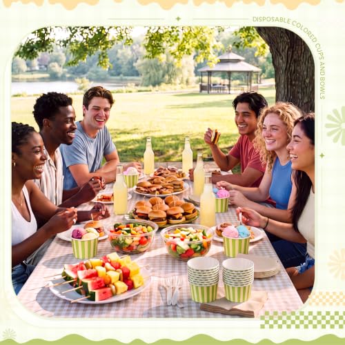 Image of Zopeal 50 Count Green and Cream Striped Ice Cream Cups Paper Dessert Bowls | Disposable 9 oz Ice Cream Bowls, Birthday Party Supplies, Snack Cups Sundae Picnic Yogurt Bowls for Food
