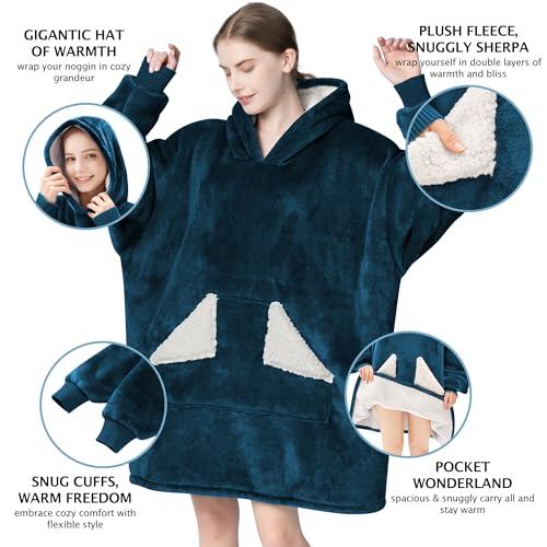 Touchat Wearable Blanket Hoodie, Oversized Sherpa Blanket Sweatshirt with Hood Pocket and Sleeves, Gifts Hooded Blanket for Adult Women Men (Dusty Blue)