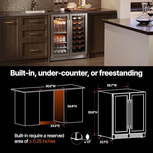 Image of Ca'Lefort 30 Inch Wine & Beverage Refrigerator - 80 Can & 33 Bottle | 36-72F Touch Control, Dual-Pane Glass Door, Adjustable Shelves, 3 Color LED, Built-In or Under Counter for Home Bar Kitchen