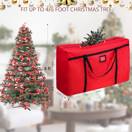 Image of Christmas Tree Storage Bag, Fits 4-5 Ft Artificial Trees, Red | Wide Dual-Zipper Opening, Reinforced Handles, Clear Label Pocket, Tear-Resistant 600D Oxford, Dust and Moisture Protection