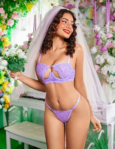 Image of Avidlove Lingerie for Women Sexy Lace Bra and Panty Set Underwire Push Up Lingerie Sets Demi Half Cup