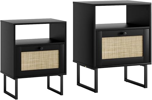 Miniatura 35 de Masupu Mesita de noche de ratán con estación de carga, moderna mesita de noche de madera bohemia con cajón de almacenamiento y estante abierto, mesa