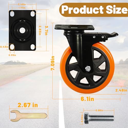 6 Inch Heavy Duty Swivel Casters, Load 2800 Lbs, Double Locking, Double Bearings, Individual Brake PVC Material, Set of 4