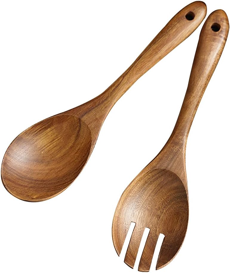 2Pcs Wooden Salad Servers Spoon Fork Set Long Handle Large Dinner Serving Cooking Untensils Cutlery Kitchen Tableware