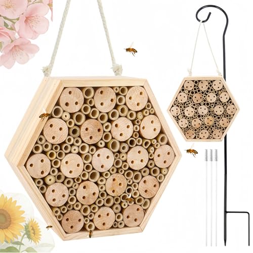 Dmnnlp Mason Bee House, Natural Wooden Hexagon Bee House with