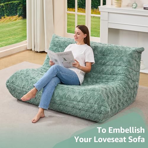 Image of Hobestluk Large Bean Bag Chair Faux Fur BeanBag Couch for Living Room | Green Chevron, Loveseat,Ergonomic Design,Memory Foam,Anti-slip Bottom,No Assembly Required,Decorative Style for Living Room