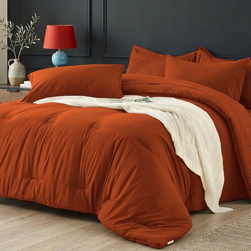 Easthome Queen Comforter Set 7 Piece - Soft Bed in a Bag Queen Size Comforter Sets Cozy Luxury Bedding Sets with All Season Comforter Flat Sheet Fitted Sheet 2 Pillowcases & 2 Shams Orange
