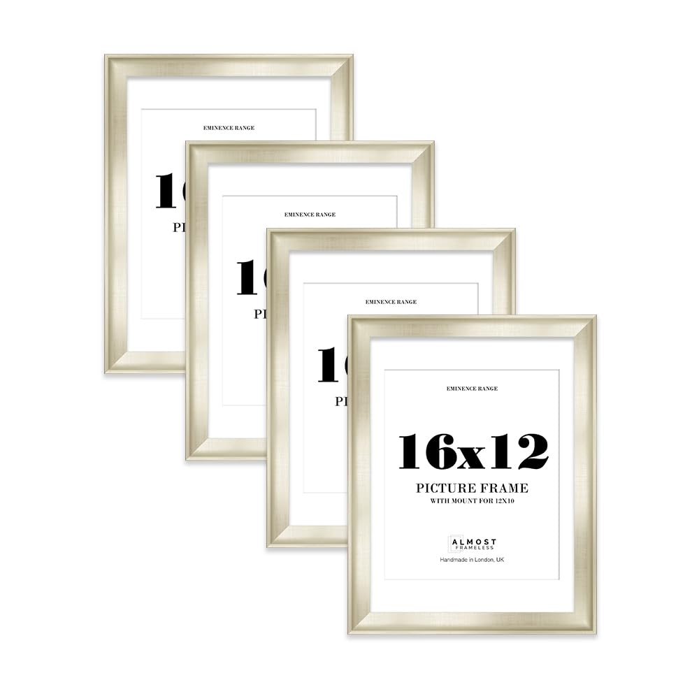 16x12" Silver Picture Frame with 12x10" Mount - Shabby Chic Photo Frame with Distressed Finish, Wall Hooks, 32mm Edge - 4 Pack