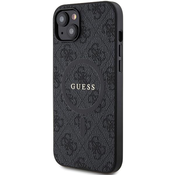 Guess GUHMP15SG4GFRK - Custodia rigida per iPhone 15/14/13 6.1", collezione 4G, con logo in pelle, colore: Nero