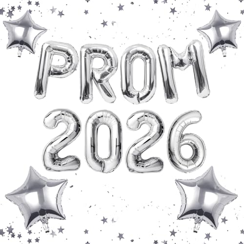PROM 2026 Decorations Set 12 Pcs Silver Foil Letter Balloons & Stars 16 Banner for Class of 2026 Prom Night & Graduation Party Decorations