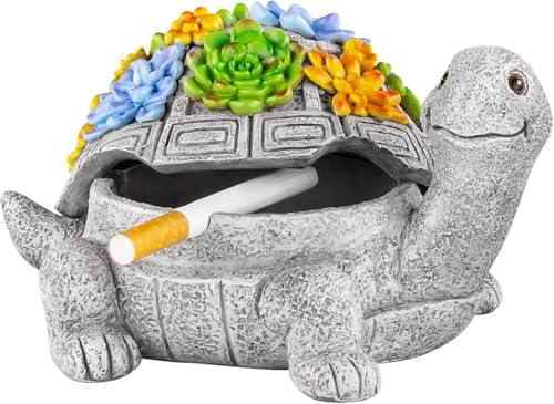 LESES Ashtray, Outdoor Ashtray with Lid Smokeless Waterproof Ash Tray with Cute Turtle Decor, Resin...