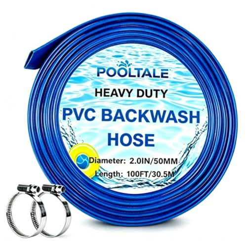 POOLTALE 2.0 x 100 FT Pool Backwash Hose Heavy Duty Reinforced Lay-Flat Sump Pump Hose Discharge Hose with 2 Clamp for Pool Filter Drain Clean Swimming Pools and Filters for Inground Pools
