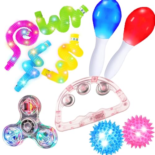 Light Up Sensory Toys 10PCS Baby Sensory Light Toys for Autism Light Up Toys LED Pop Tubes LED Light Up Maracas Light Up Balls Fidget Spinners Light Up Tambourine Gifts for 4-8 Year Old Kids