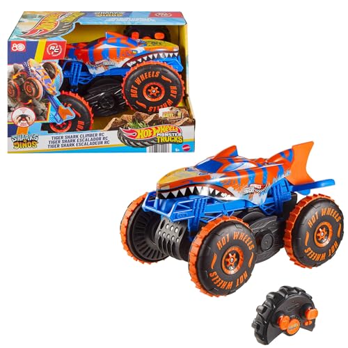 Hot Wheels Monster Truck Tiger Shark escalador, Vehículo teledirigido de juguete con 3 modos de juego de carreras, escalada y acrobacias, JFR39
