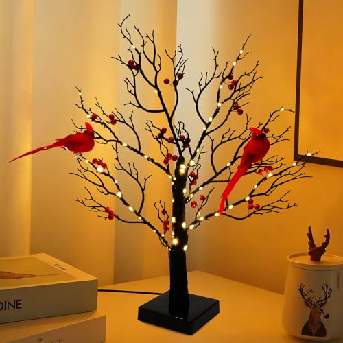 NKDFRI Vintage LED Glowing Tree with Cardinals and Red Berries Battery Operated Twinkle Lighted Tree for Christmas Halloween Home Party Decor (Black-1pcs)