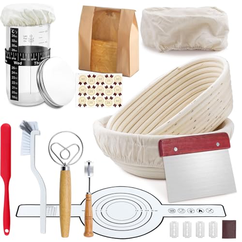 Aischens Ensemble complet de levain 12 pièces: Panier à pain ovalite de 25 cm et panier rond de 23 cm, support à pain en silicone,Pot de fermentation de levure,Ensemble de grattoir pour bol et pâte