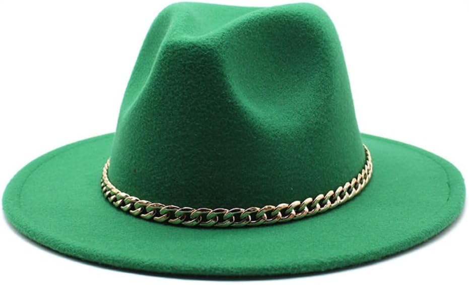 Wide Brim Fedora Hat with Gold Chain Band, White Wool Felt, Classic Western Style