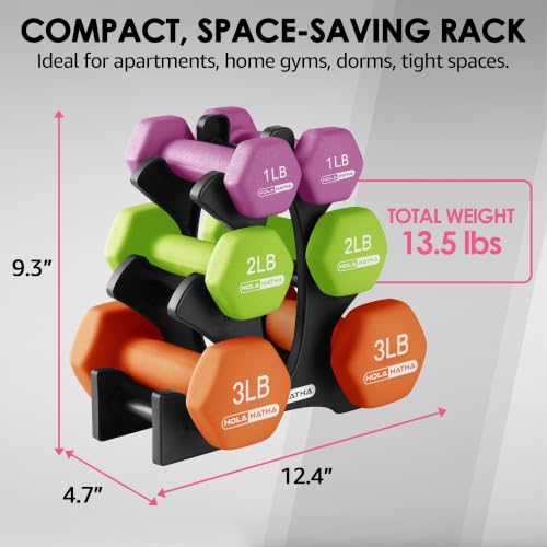 HolaHatha Neoprene Dumbbell Weights Set with Rack, 12 Lbs, Multicolor - image 3