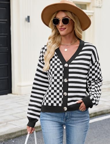 ZAFUL Womens Striped Cardigan Sweaters V Neck Open Front Button Up Checkered Knit Fall Winter Coat Outerwear2