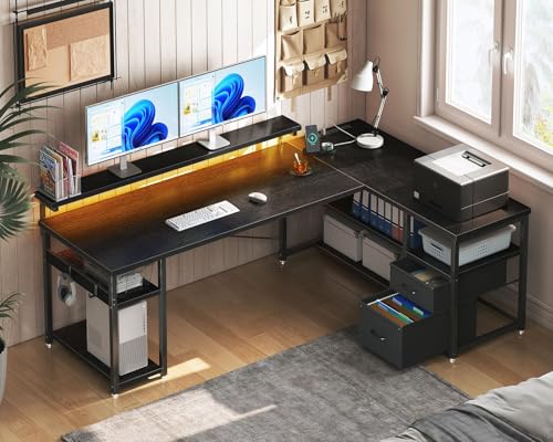 61 Inch L Shaped Gaming Desk with File Drawers and Power Outlets