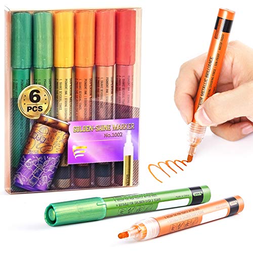 PuTwo Lot de 6 marqueurs métalliques résistants à l'eau - Pointe de 2 mm - Marqueurs de calligraphie métalliques - Marqueurs de peinture métallique pour roche, verre, scrapbooking Cover