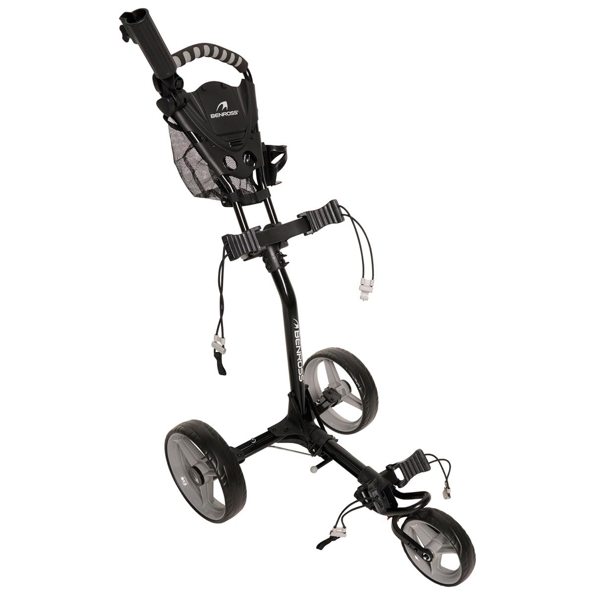 BENROSS Q Fold 1 Golf Push Trolley - 3 Wheel Compact Folding Design with Drinks Holders - Lightweight Cart with Quick-Fold System, 12 Inch Wheels & Adjustable Bag Support