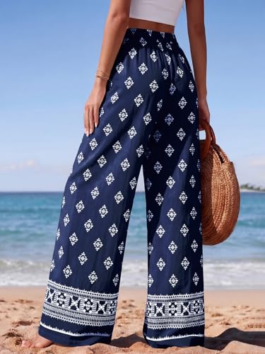 Image of PRETTYGARDEN Womens Pants Elastic Waist Floral Lightweight Palazzo Pants for Women Casual Lounge Wide Leg Pants Woman