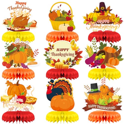 9Pcs Thanksgiving Centerpiece Fall Centerpiece Table Decorations Pumpkin Turkey Honeycomb Thanksgiving Table Centerpiece for Thanksgiving Table Decoration Autumn Theme Birthday Party Supplies