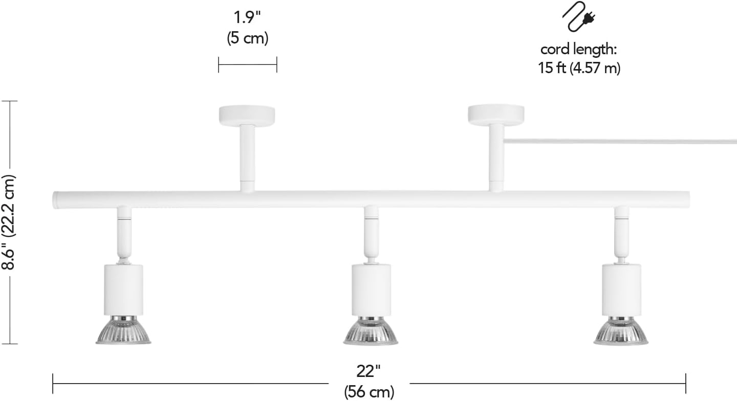 Globe Electric Plug-in Track Lighting, 3-Light Adjustable Track Bar, Matte White 22-Inch Fixture with 15-Foot Cord, Modern Ceiling Light for Apartments & Rentals