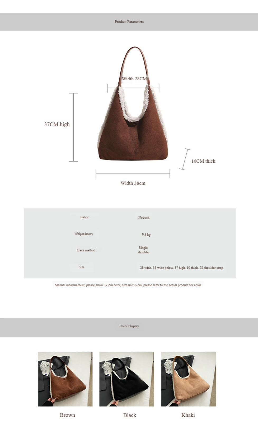 Frizione Donna Borsa A Mano in Pelle Scamosciata Tracolla da con Hobo Elegante Morbida Peluche Vintage Lana d'Agnello-Marrone Chiaro