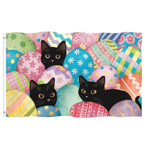 Happy Easter Black Cat Garden Flag 3x5 Ft Double Sided 3 Layers, Colorful Egg Banners Welcome Spring with Brass Grommets Yard Outdoor Indoor Decorations