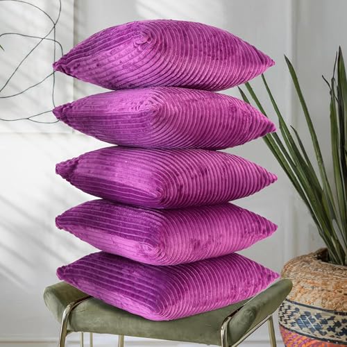 Image of RD TREND Cushion Cover Set of 5, Decorative Sofa Living Room Home Square Cushion Covers 16 Inch x 16 Inch, Aesthetic Corduroy Striped Double Sided (Dark Pink,Pack of 5)