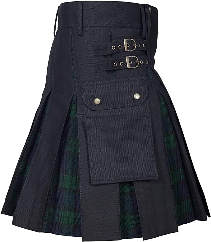 Kilt hybride pour homme pour festival et randonnée en coton tartan noir