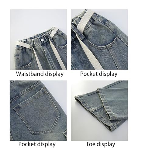 Girls Cargo Jeans Baggy Wide Leg Elastic Waist Denim Pants 𝗩intage Streetwear Trousers with Multi-Pocket3