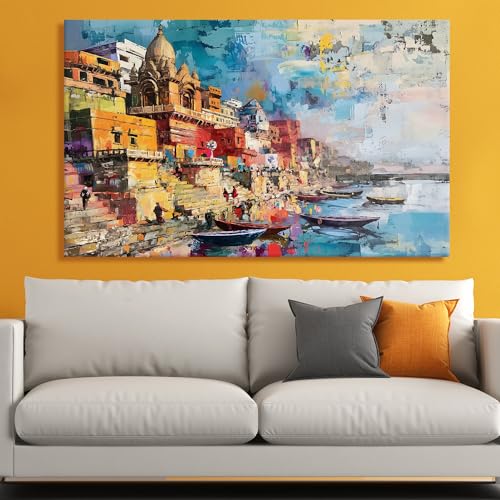 PAPER PLANE DESIGN Banaras Ghat Paintings for Living Room | Varanasi Ghat Ganga River Canvas Wall Art | Indian Traditional Wall Painting for Decor