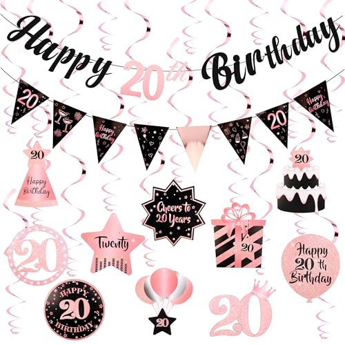 Image of 20th Birthday Decorations Rose Gold Pink Pre Strung Happy 20th Birthday Banner and Hanging Swirls for Women 20 Year Old Party Decorations Supplies