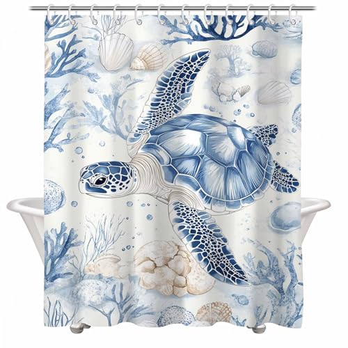 Cortina de Ducha Azul Cortina Ducha 200x220 cm con 12 Ganchos y Dobladillo Ponderado, Antimoho, Tela Impermeable Poliéster, Shower Curtain Lavable con Agua para Baño o Bañera, Tortuga marina 2Y#324