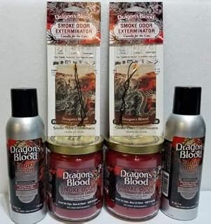 Smoke odor Exterminator Dragon's Blood, Includes Two 13 oz Jar Candle Two 7 oz Spray & Two Car Hangers All in One Bundle of Six