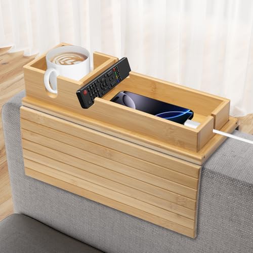 Bamboo Sofa Armrest Tray - Couch Arm Tray with Detachable Couch Cup Holder - 2 in 1 Anti-Slip Foldable Sofa Armchair Caddy Table - Cup Holder for Drinks Cellphone Snacks Remote